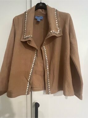 Doncaster Camel Open-Front Jacket with Pearlized  Trim l M